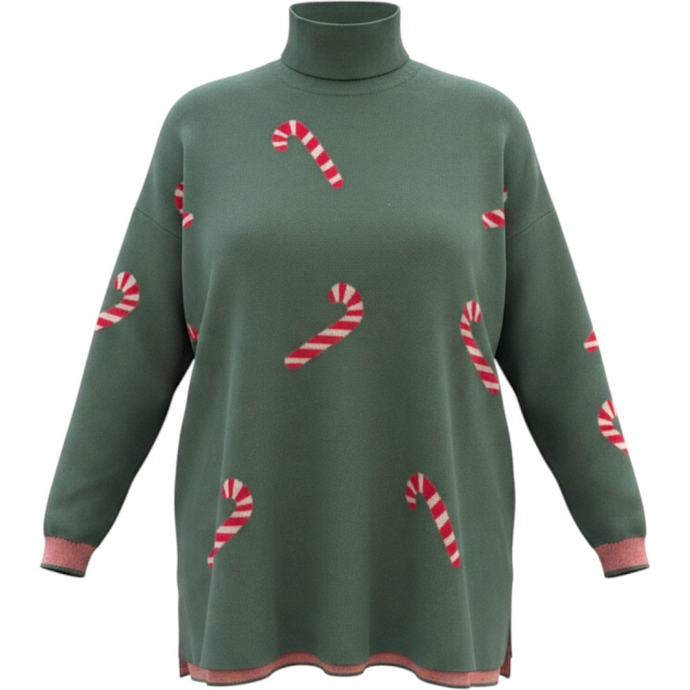 Chic Soul Green Candy Cane Christmas Turtleneck Sweater Plus Size 2X Holiday